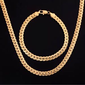 Classic Gold Cuban Link Necklace & Bracelet Set - Women Jewelry